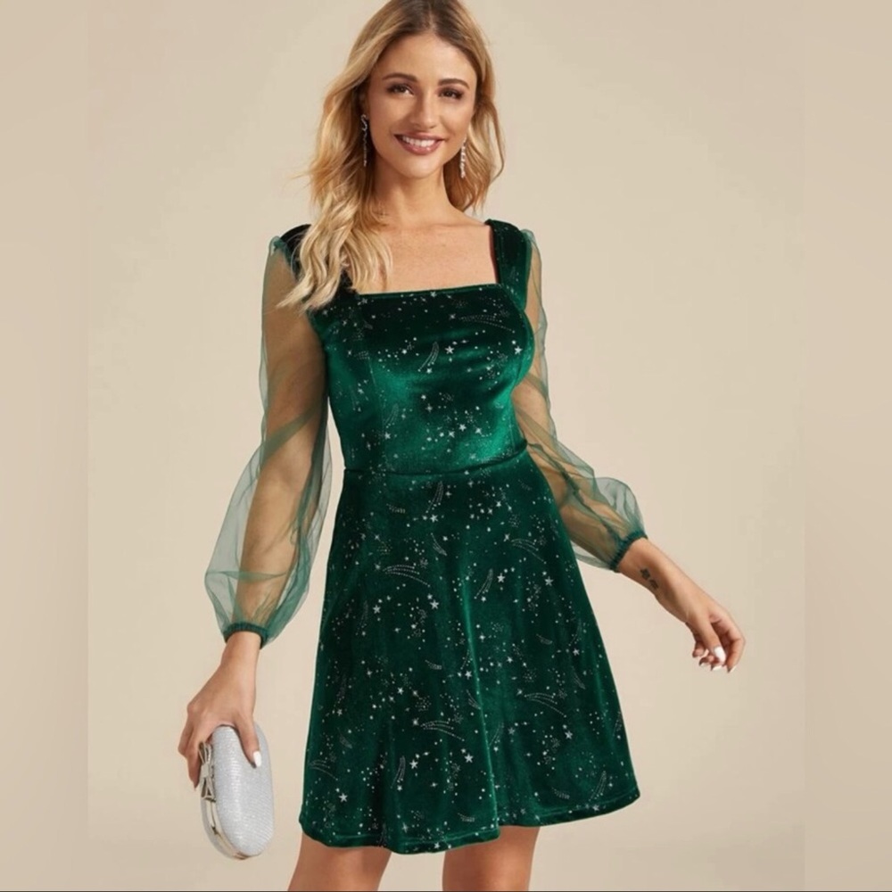 Elegant Green Velvet Dress with Sheer Sleeves